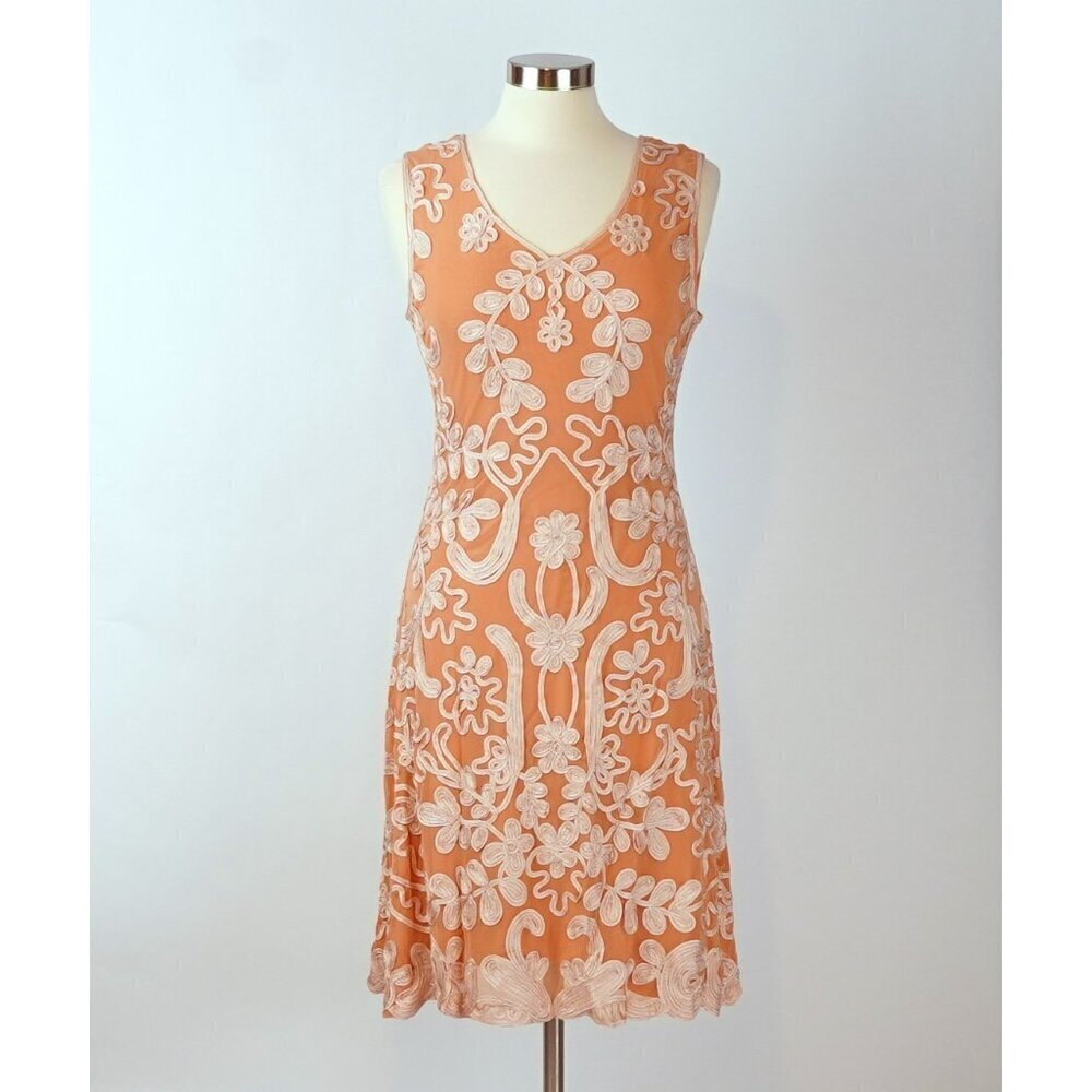 Sundance Cameo Mesh Overlay Dress Floral Embroidered Coral - Petite Medium